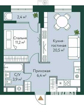 1-к квартира, вторичка, 44м2, 8/24 этаж