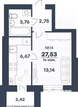 1-к квартира, строящийся дом, 28м2, 4/5 этаж