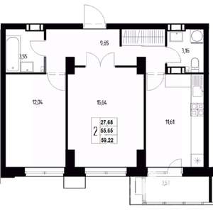 2-к квартира, вторичка, 61м2, 6/19 этаж