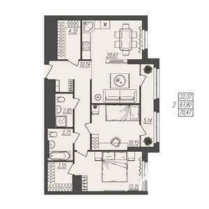 2-к квартира, вторичка, 70м2, 17/17 этаж