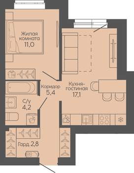 1-к квартира, вторичка, 41м2, 1/22 этаж