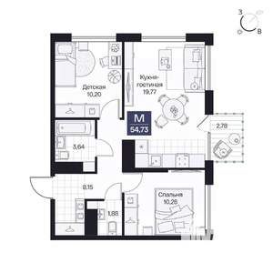 2-к квартира, вторичка, 55м2, 3/9 этаж