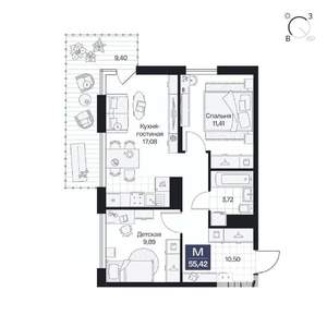 2-к квартира, вторичка, 55м2, 7/10 этаж