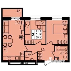 2-к квартира, вторичка, 55м2, 2/16 этаж