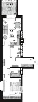 1-к квартира, вторичка, 43м2, 1/7 этаж