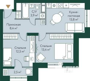 2-к квартира, строящийся дом, 55м2, 4/24 этаж