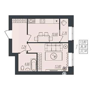 1-к квартира, вторичка, 38м2, 6/10 этаж