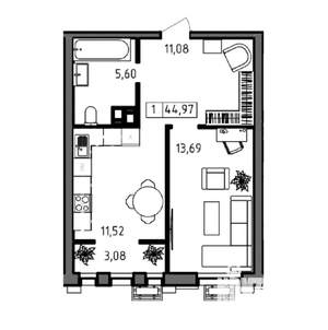 1-к квартира, вторичка, 45м2, 11/23 этаж