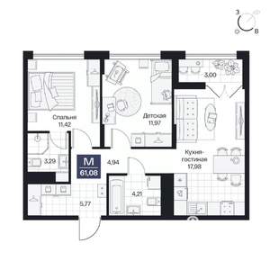 2-к квартира, вторичка, 61м2, 6/10 этаж