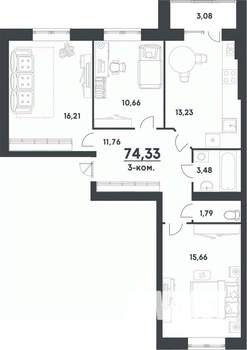 3-к квартира, строящийся дом, 74м2, 4/4 этаж
