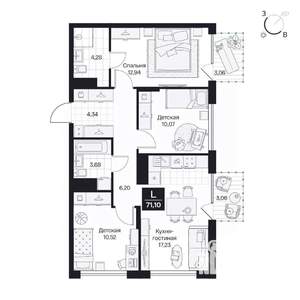 3-к квартира, вторичка, 71м2, 6/10 этаж