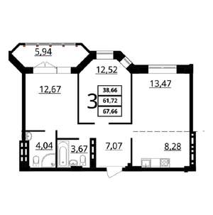 3-к квартира, сданный дом, 68м2, 6/7 этаж