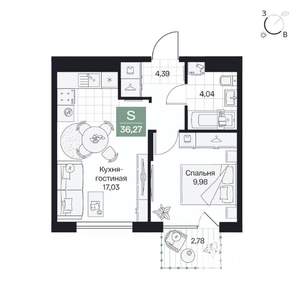 1-к квартира, вторичка, 37м2, 5/9 этаж