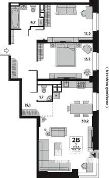 2-к квартира, вторичка, 78м2, 3/19 этаж