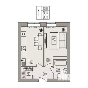 1-к квартира, вторичка, 35м2, 3/3 этаж