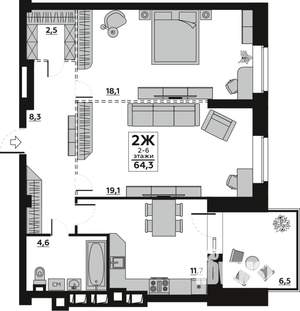 1-к квартира, строящийся дом, 64м2, 3/7 этаж