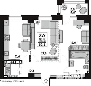 2-к квартира, вторичка, 55м2, 6/18 этаж