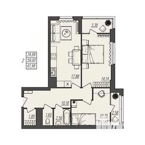 2-к квартира, вторичка, 62м2, 14/17 этаж