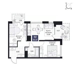 2-к квартира, вторичка, 50м2, 2/8 этаж