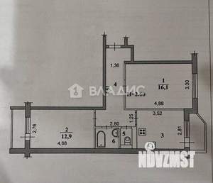 2-к квартира, вторичка, 53м2, 1/9 этаж