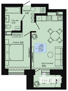 1-к квартира, вторичка, 43м2, 1/16 этаж