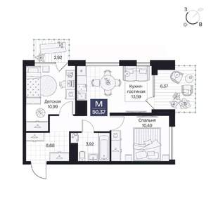 2-к квартира, вторичка, 50м2, 6/8 этаж