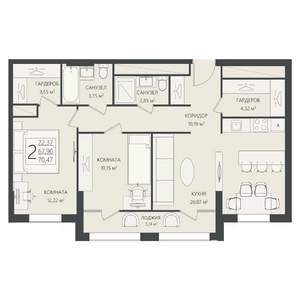2-к квартира, вторичка, 70м2, 17/17 этаж