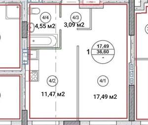 1-к квартира, вторичка, 37м2, 1/17 этаж