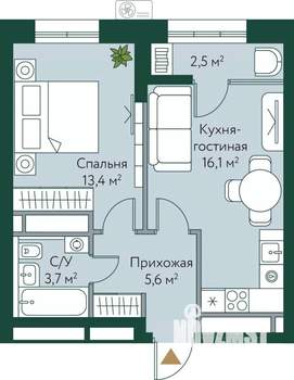 1-к квартира, строящийся дом, 41м2, 24/24 этаж