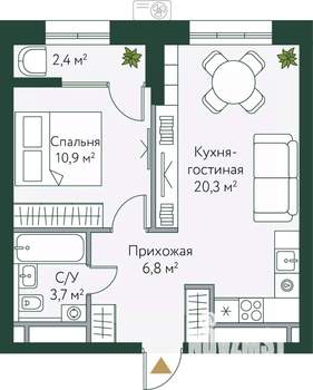 1-к квартира, вторичка, 44м2, 17/24 этаж