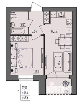 1-к квартира, вторичка, 34м2, 1/4 этаж