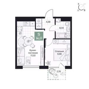 1-к квартира, вторичка, 36м2, 3/9 этаж