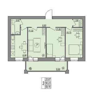 3-к квартира, строящийся дом, 59м2, 7/7 этаж