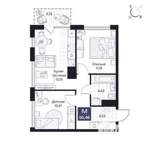 2-к квартира, вторичка, 50м2, 3/8 этаж