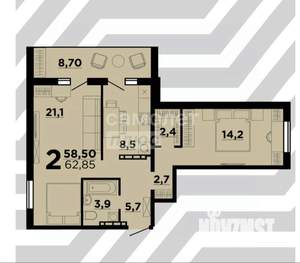 2-к квартира, вторичка, 63м2, 4/10 этаж