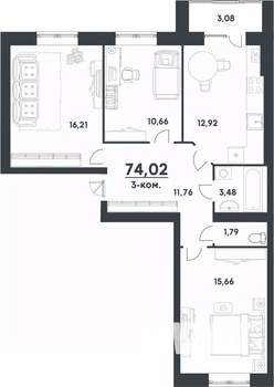 3-к квартира, строящийся дом, 74м2, 4/4 этаж