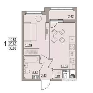 1-к квартира, вторичка, 31м2, 1/6 этаж