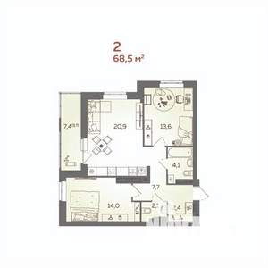 2-к квартира, вторичка, 69м2, 18/21 этаж