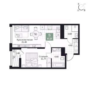 1-к квартира, вторичка, 47м2, 7/9 этаж