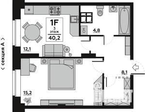 1-к квартира, вторичка, 40м2, 3/19 этаж