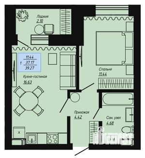 1-к квартира, вторичка, 39м2, 1/16 этаж