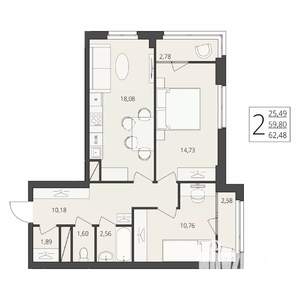 2-к квартира, вторичка, 62м2, 14/17 этаж