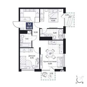 2-к квартира, вторичка, 61м2, 2/9 этаж