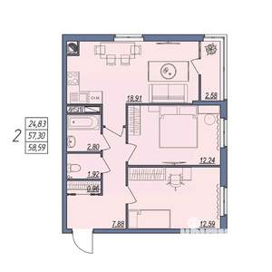 2-к квартира, вторичка, 59м2, 7/8 этаж