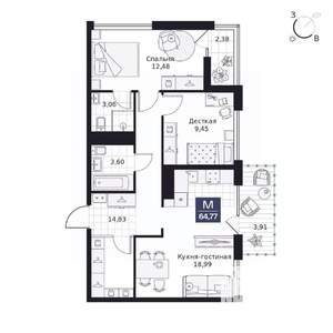 2-к квартира, вторичка, 65м2, 4/9 этаж