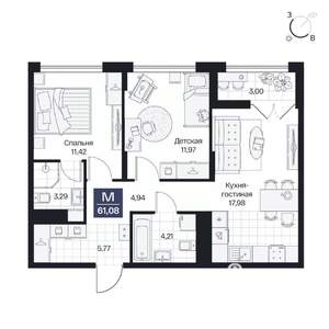 2-к квартира, вторичка, 61м2, 5/10 этаж