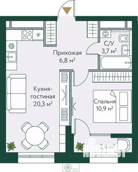 1-к квартира, строящийся дом, 44м2, 21/24 этаж