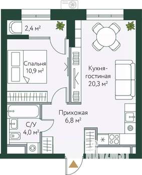 1-к квартира, вторичка, 44м2, 10/24 этаж
