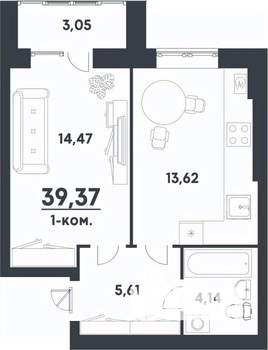 1-к квартира, строящийся дом, 39м2, 5/5 этаж