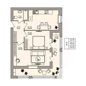 2-к квартира, вторичка, 55м2, 2/3 этаж